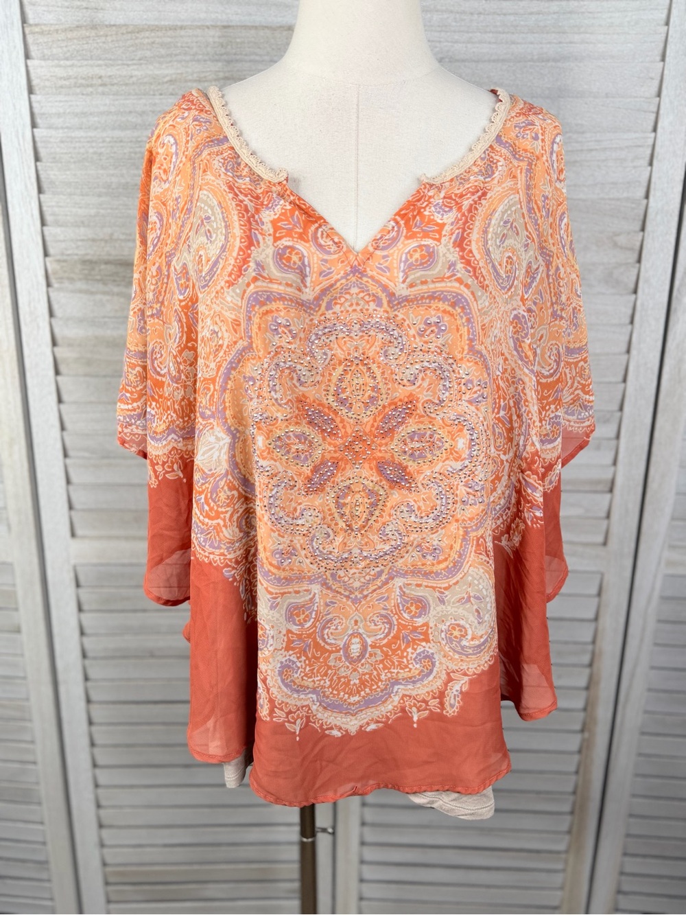 DRESS BARN Women's Boho/Y2K Chiffon Mandala Print Poncho Top w Rhinestones-1X